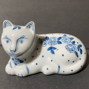 Porcelain Cat Figurine - Handpainted Blue and White Floral Design